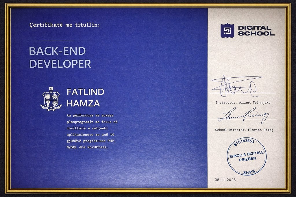 Back-End Developer certificate — Shkolla Digitale