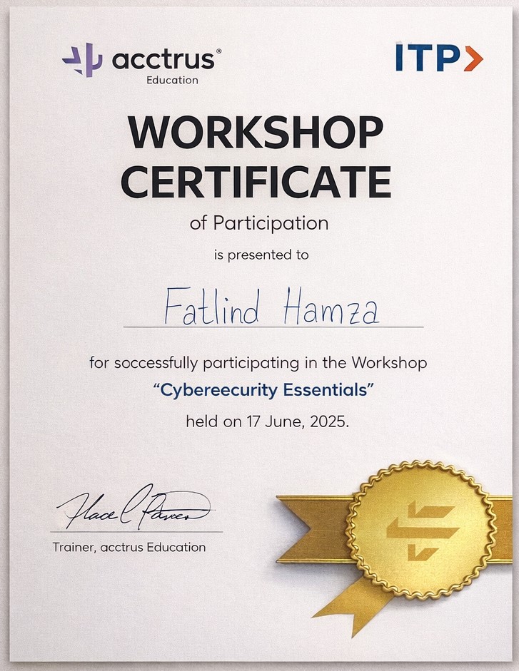 Cybersecurity Essentials workshop certificate — acctrus Education and ITP
