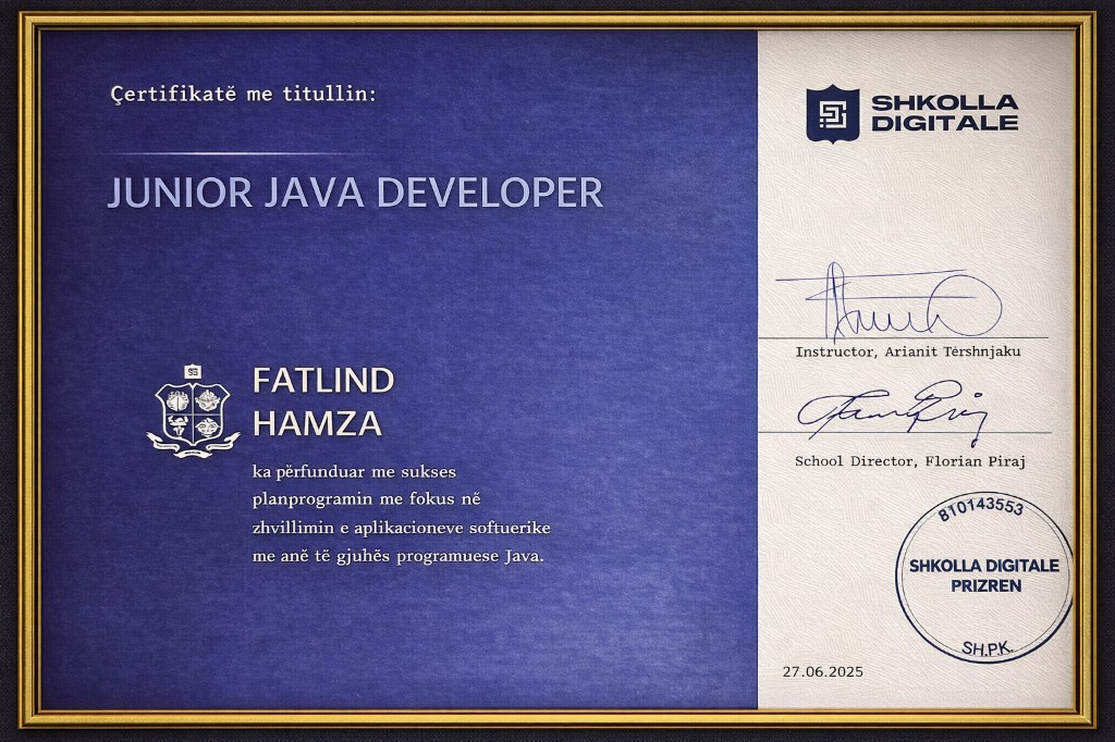 Junior Java Developer certificate — Shkolla Digitale