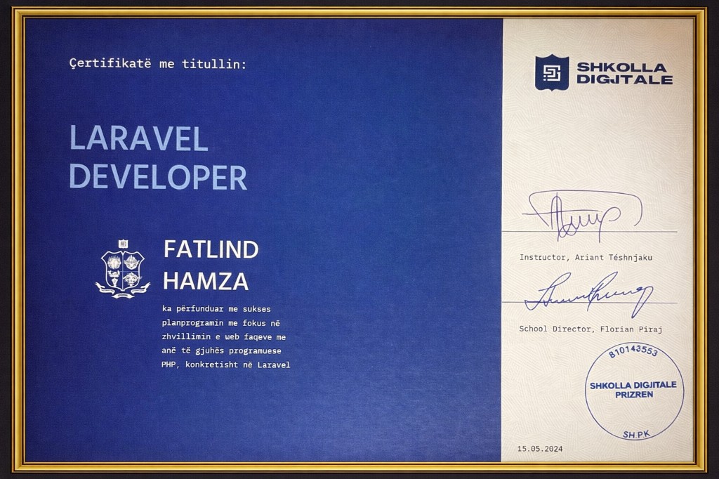 Laravel Developer certificate — Shkolla Digitale